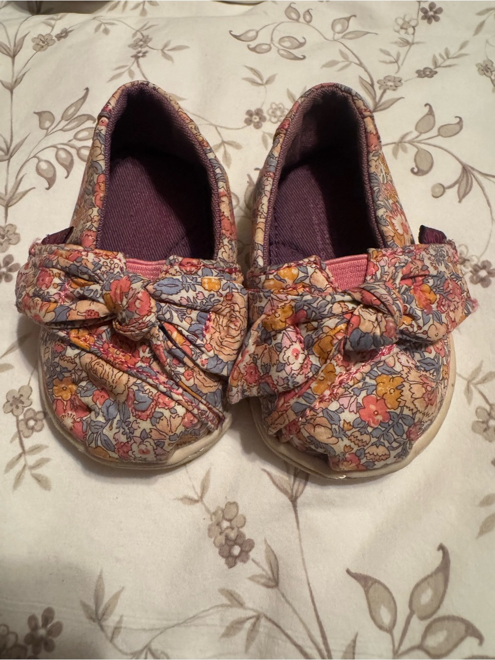 TOMS Girls Floral Slip-On Shoes with Bow - Pink/Blue/Yellow